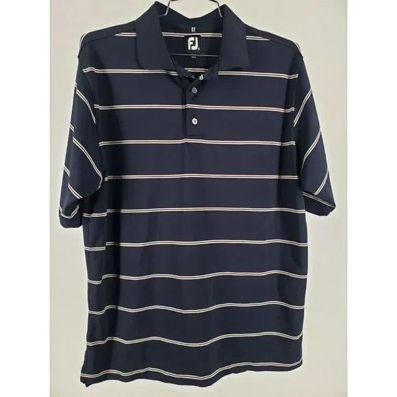 FootJoy FJ Shirt Polo Casual Mens M Medium Golf Polo Navy Blue w/ Striped - Picture 2 of 7
